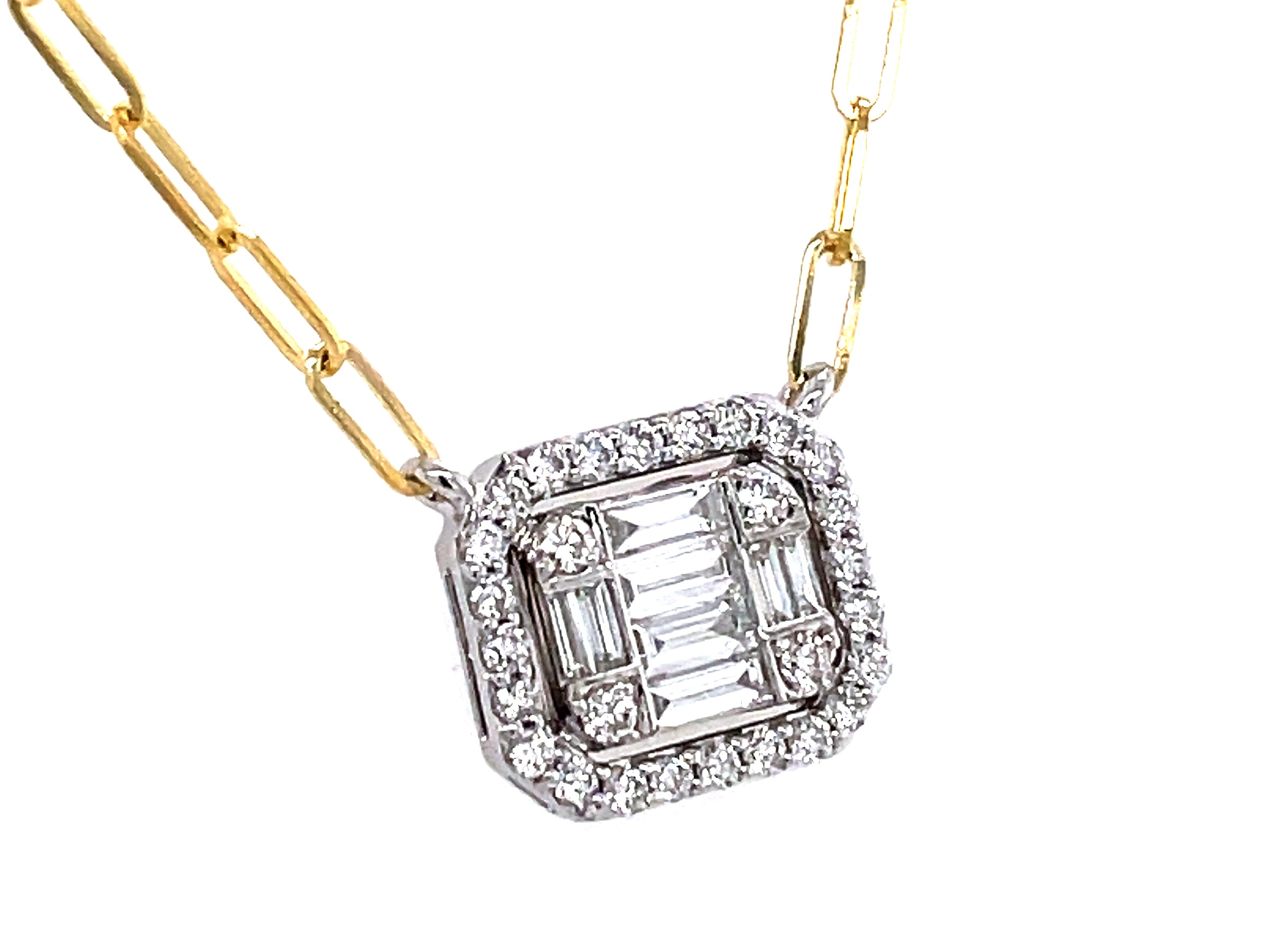 Yellow and White Gold .40 Ctw Diamond Halo Baguette Cluster Necklace with Paperclip Chain
