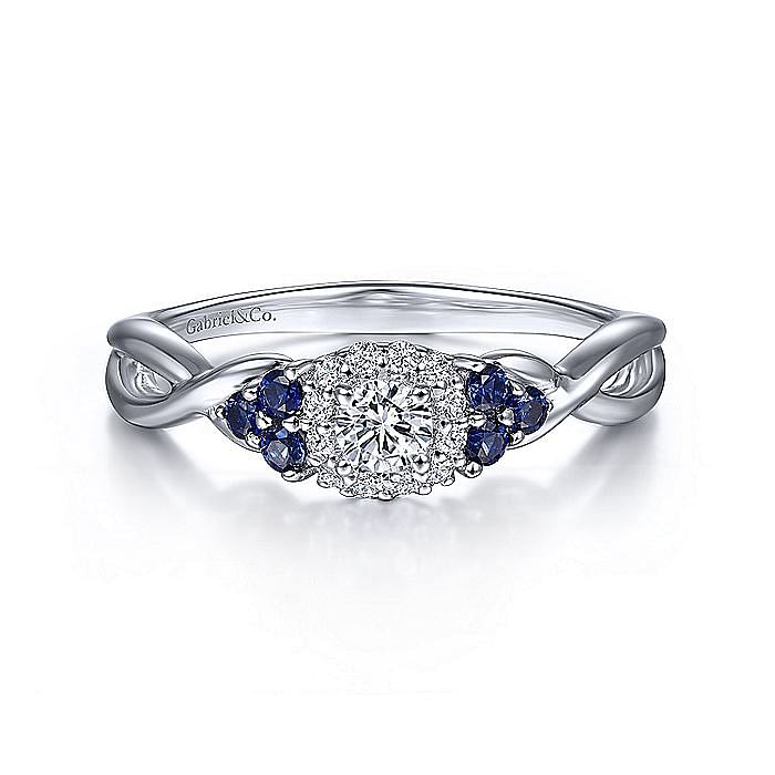 White Gold Round Halo Sapphire and Diamond Complete Engagement Ring