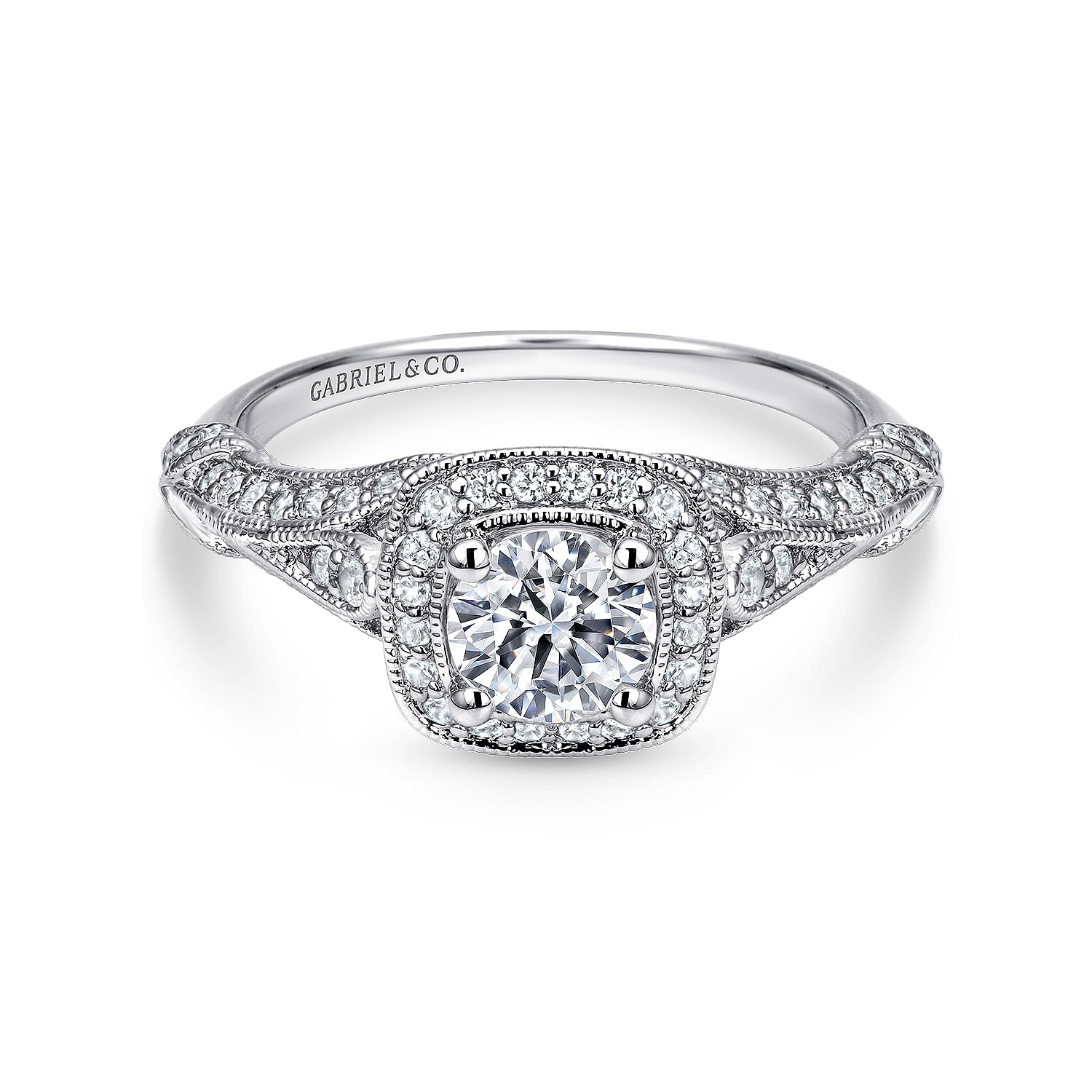 White Gold Vintage Inspired Cushion Halo Round Complete Diamond Engagement Ring