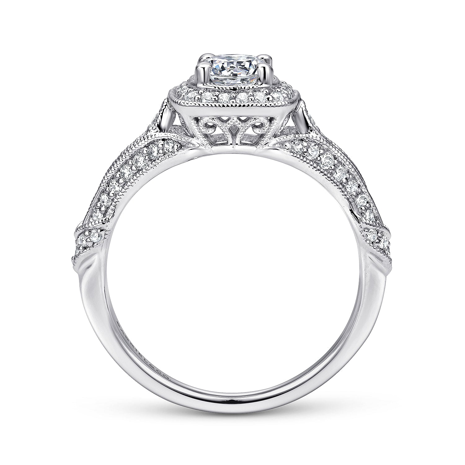 White Gold Vintage Inspired Cushion Halo Round Complete Diamond Engagement Ring