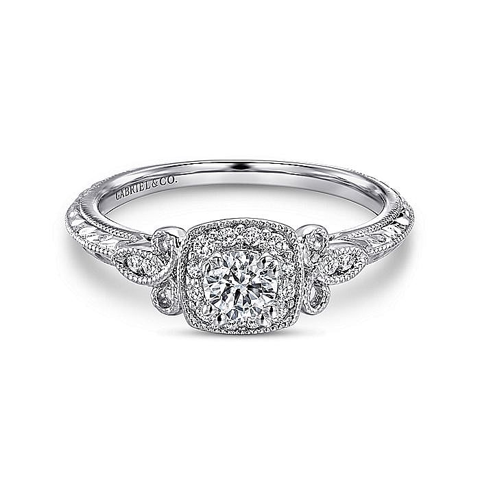 White Gold Round Diamond and Cushion Halo Complete Engagement Ring