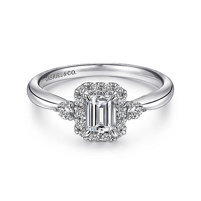 White Gold Emerald Cut Diamond Halo Complete Engagement Ring